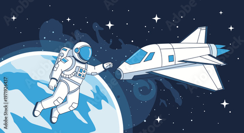 Astronaut in a spacesuit floating in space with a rocket ship and the Earth in the background, against a starry night sky.