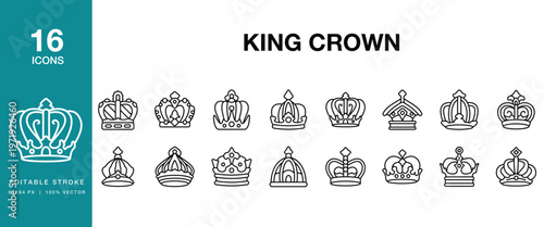King Crown icon set. Includes crown, king, royal, monarchy, kingdom, emperor and More. Editable Stroke Icon Collection.