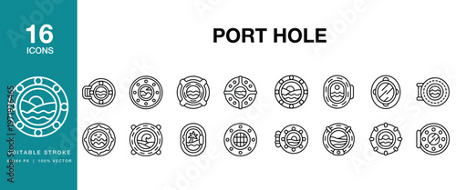 Port Hole icon set. Includes porthole, ship, window, maritime, nautical, vessel and More. Editable Stroke Icon Collection.