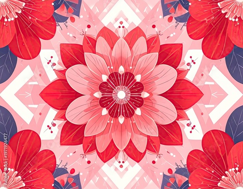 Symmetrical floral design, pink & red tones, radiating from the center