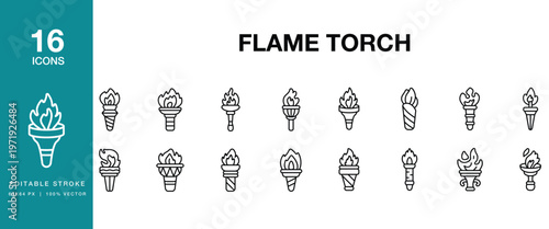 Flame Torch icon set. Includes torch, flame, fire, burning, heat, light and More. Editable Stroke Icon Collection.