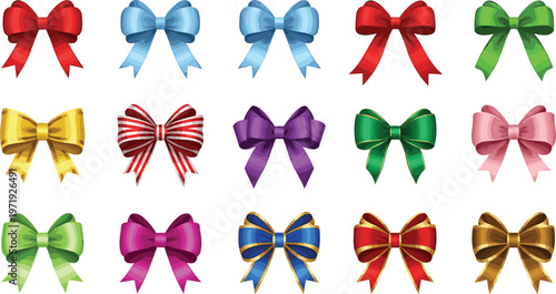 Colorful Ribbon Bow Collection with Glossy Gift Bows in Various Styles for Holiday Decoration, Packaging Design, and Festive Illustration Set