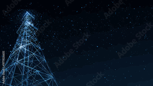 Telecommunication tower stands tall as a digital wireframe structure against a dark starry background representing modern connectivity and network infrastructure.
