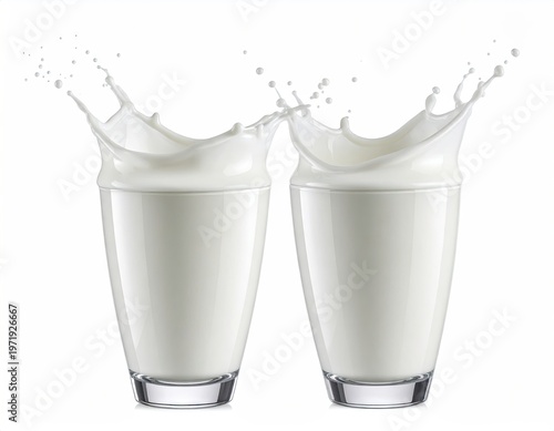 Two glasses of liquid with splashes, set against a white background