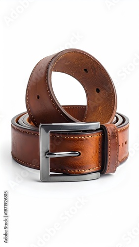Rolled-up brown leather belt with metal buckle