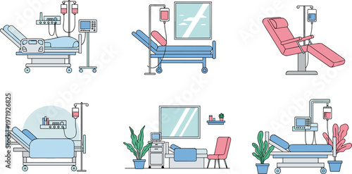 Medical Bed and Treatment Chair Set with Hospital Equipment and Clinic Furniture in Modern Healthcare Illustration for Patient Care and Medical Facility Design
