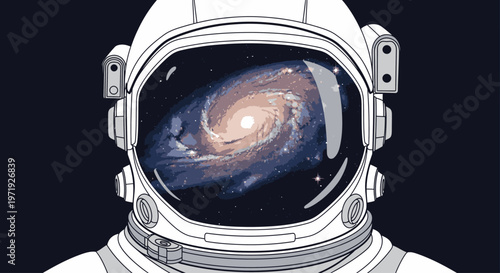 Digital illustration of an astronaut's helmet with a galaxy visible through the visor against a dark background.