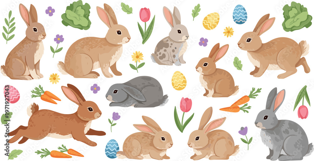 Obraz premium Easter Bunny Set with Cute Rabbits, Carrots, Eggs, and Spring Flowers in Pastel Colors for Holiday Illustration and Seasonal Design Collection