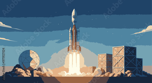 Illustration of a rocket launching into a blue sky with clouds and a satellite dish on the left, cargo containers on the right, and a sunny daytime atmosphere.