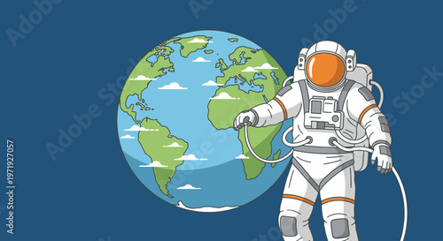 Illustration of an astronaut in a white spacesuit holding a tether next to a large globe on a blue background with green and blue continents.