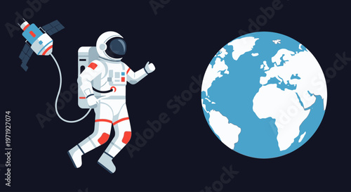 Illustration of an astronaut floating in space with a satellite and Earth in the background against a black backdrop.