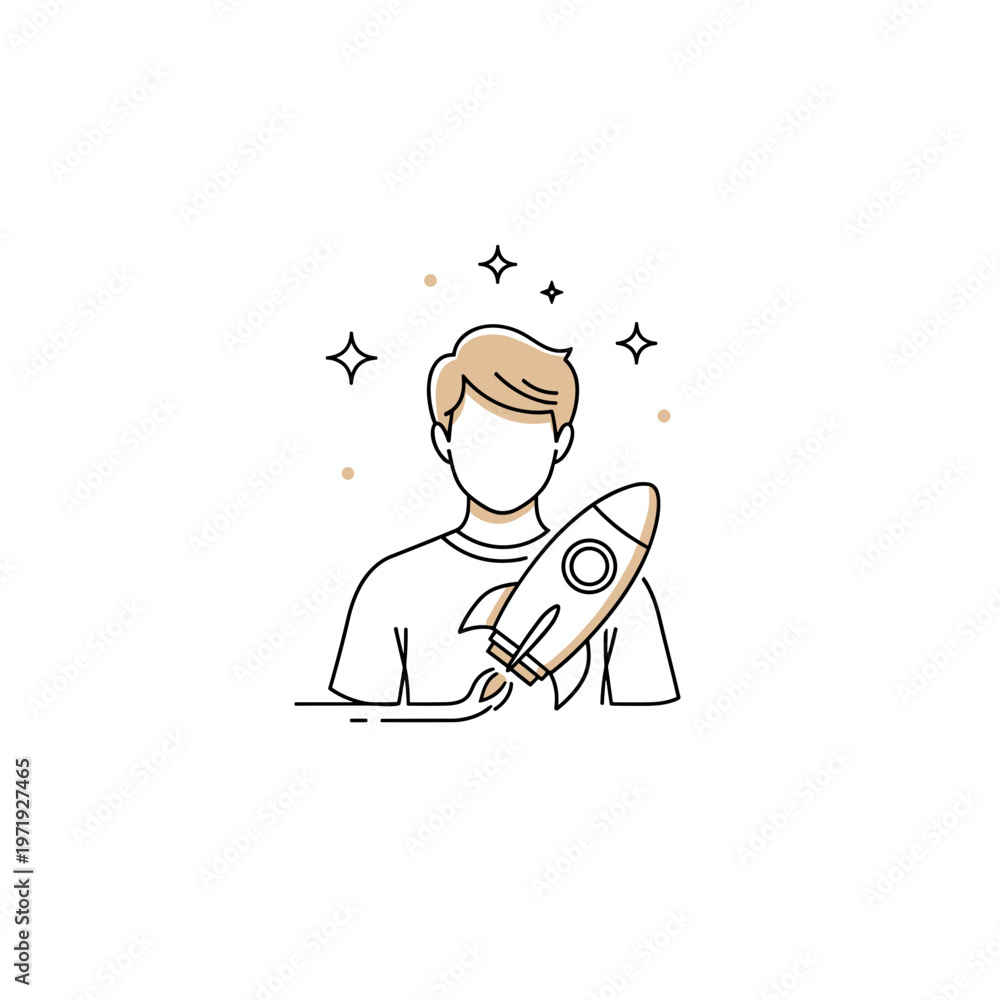 Obraz premium Young man holding a rocket illustration with stars and sparkles 