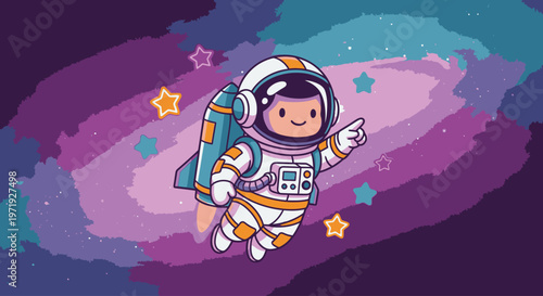 Illustration of a smiling astronaut child floating in space with stars and colorful nebula in the background.