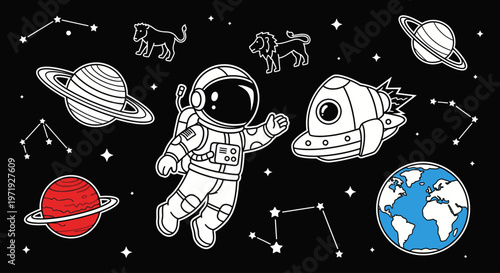 Illustration of an astronaut floating in space with planets, stars, and a spaceship in a black background with white lines.