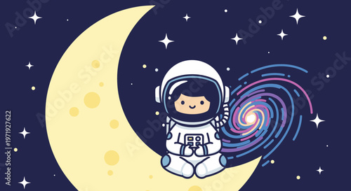 Illustration of a cartoon astronaut sitting on a crescent moon in a starry night sky with a spiral galaxy behind them.
