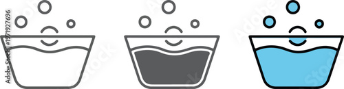 Minimalist washing basin vector icon set featuring thin line outline silhouette and flat blue water color styles for laundry and hygiene branding.