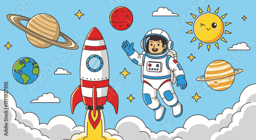 Cartoon astronaut floating next to a rocket ship amidst planets, stars, and clouds in a vibrant blue sky.