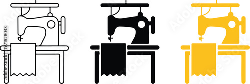 Minimalist sewing machine vector icon set featuring tailor equipment in outline silhouette and flat yellow color styles for fashion and textile design projects.