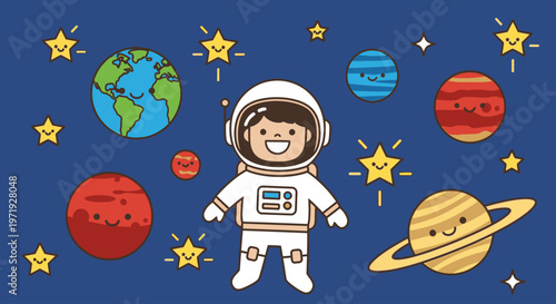 A cartoon astronaut standing among planets, stars, and a smiling face in a colorful space scene with a dark blue background.