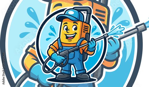 Cartoon man holding pressure washer.