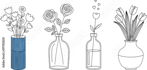 Hand Drawn Flower Vase Set with Botanical Arrangements in Glass Bottles and Ceramic Vases for Home Decor Illustration and Minimal Floral Design Collection