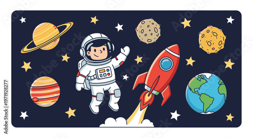 Illustration of an astronaut in a spacesuit flying a red rocket ship surrounded by planets and stars on a dark blue background.