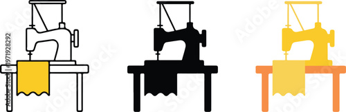 Minimalist sewing machine vector icon set featuring tailor equipment in outline silhouette and flat yellow color styles for fashion and textile design projects.