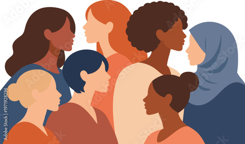 Diverse group of women profiles showing multicultural diversity and inclusion flat vector illustration.