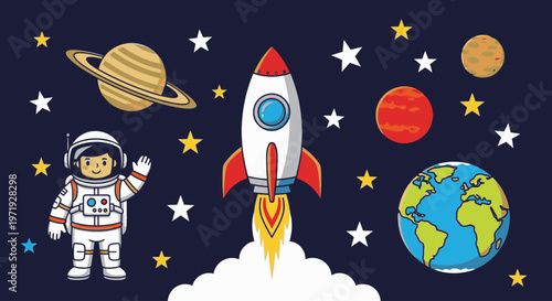 A cartoon astronaut standing beside a rocket ship blasting off into a starry night sky with planets and a full Earth.