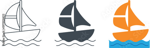 Minimalist sailboat vector icon set featuring nautical ship travel icons in outline silhouette and flat orange and blue color styles for marine navigation branding.