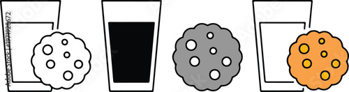 Minimalist milk glass and chocolate chip cookie vector icon set featuring outline silhouette and flat color styles for bakery and breakfast food branding projects.