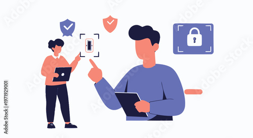 Illustrative depiction of biometric data security with people and devices.