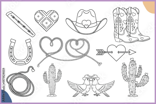 Classic western and cowboy-themed decorative line art collection Vector, illustration