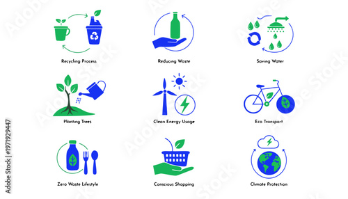 Eco friendly actions icons set for sustainable living and green practices