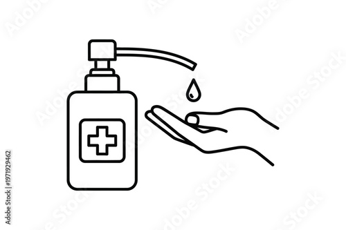 Hand sanitizer dispensing into a hand line art illustration of hygiene