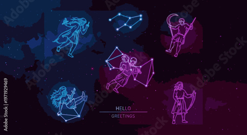 Digital illustration of six zodiac constellations in blue and pink lines on a dark background with a subtle gradient effect.