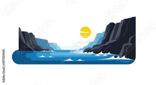 Serene Coastal Landscape: Sunlit Ocean Inlet Between Rocky Cliffs