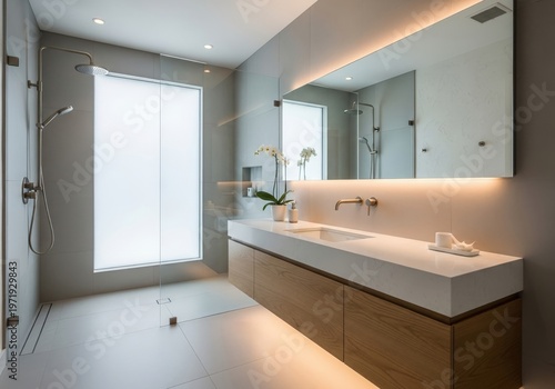 Modern luxury bathroom with a sleek minimalist design, featuring a freestanding tub, glass shower, and large vanity with elegant decor.