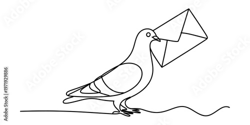 Continuous line drawing of a carrier pigeon holding a white envelope in its beak for messaging Vector, illustration