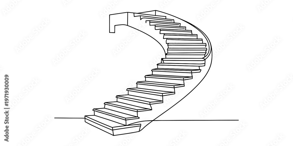 Obraz premium A simple black and white line drawing of a curved staircase leading up to an elevated platform. Vector, illustration