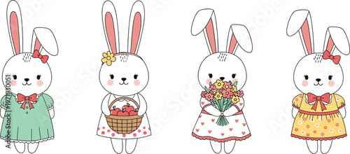 Cute Bunny Character Set with Floral Dresses and Basket Illustration in Pastel Colors for Kids Design, Spring Theme, and Cartoon Animal Collection