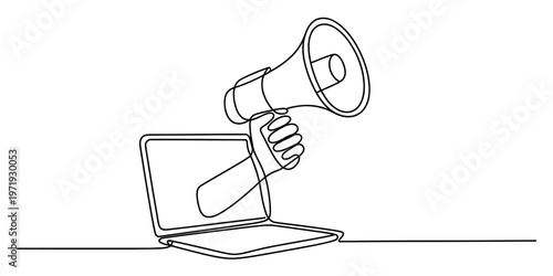 A single continuous line drawing of a hand holding a megaphone emerging from a laptop computer Vector, illustration