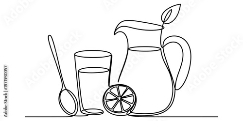 Continuous line drawing of a refreshing citrus lemonade drink with a pitcher and glass setup. Vector, illustration