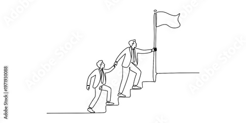 A single continuous line drawing of two businessmen helping each other reach the flag at the top Vector, illustration