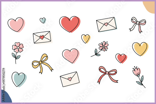 Collection of hand-drawn romantic and affectionate icons on a light background Vector, illustration