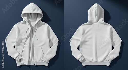Blank white zip-up hoodie mockup on dark blue backdrop front back views perfect for design templates versatile apparel casual wear suitable for print design fashion activewear modern hoodie mockup clo