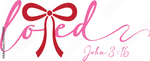 Fotografie Watercolor 'loved' calligraphy with a red ribbon bow