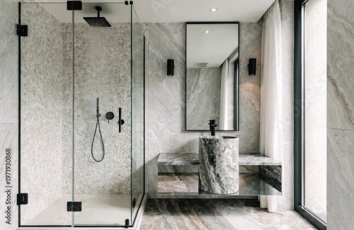 Modern minimalist bathroom interior, modern bathroom cabinet, sink, marble vanity, interior plants, bathroom accessories, bathtub , toilet, gray tones walls, concrete floor. 3d Rendering