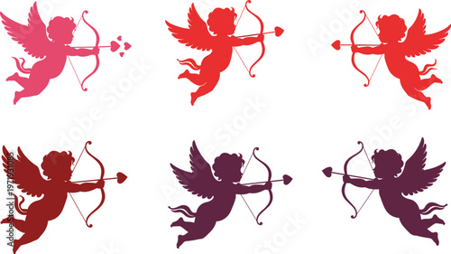 Set of 6 Cupid Silhouette Illustrations with Bow and Arrow in Different Colors for Valentine’s Day, Love, and Romantic Designs