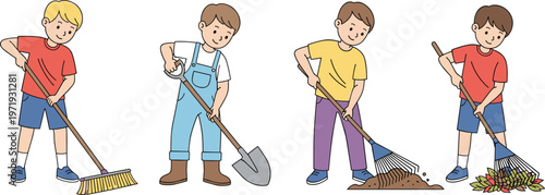 Set of 4 Children Illustrations Cleaning and Gardening with Broom, Shovel, and Rake for Household, Kids, and Playful Designs